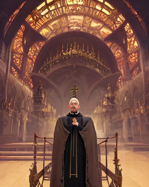 Image similar to highly detailed surreal vfx portrait of a steampunk priest in a steampunk cathedral, stephen bliss, unreal engine, greg rutkowski, loish, rhads, beeple, makoto shinkai and lois van baarle, ilya kuvshinov, rossdraws, tom bagshaw, alphonse mucha, global illumination, detailed and intricate environment