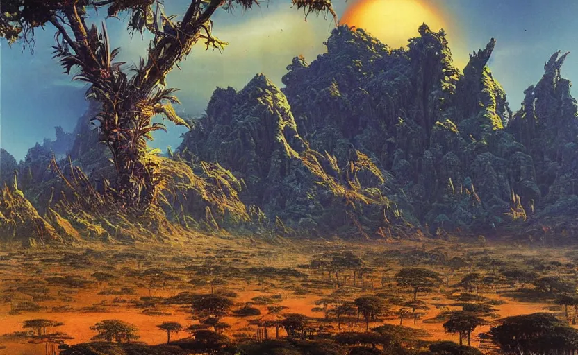 Prompt: finely detailed photorealistic exotic alien landscape by bruce pennington