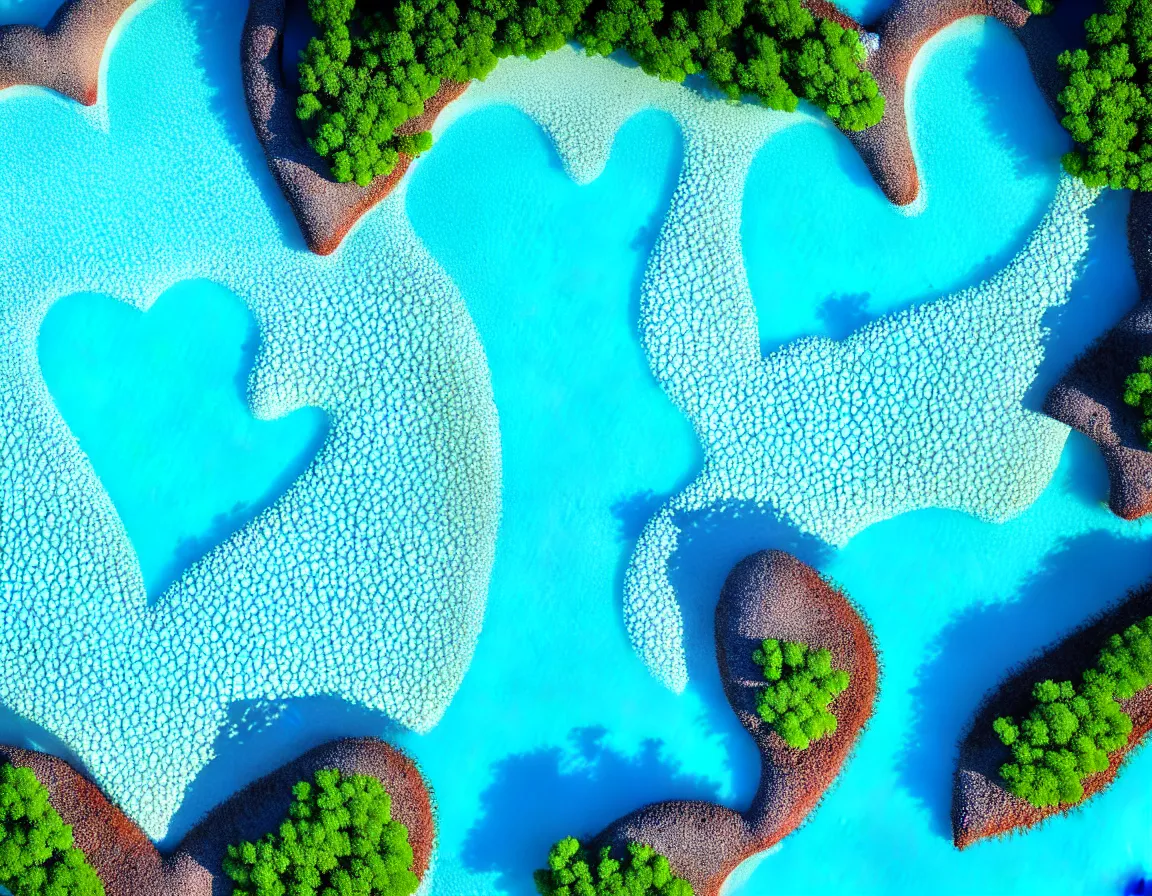 Prompt: closeup shot photo of ultra realistic blue lagoon with exotic tree heart / shaped sandy beach island, sunset lighting