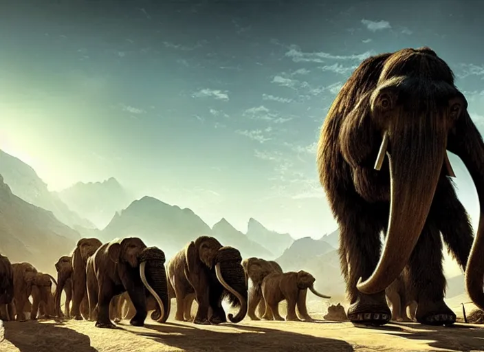 Prompt: the big large expedition with a crowd of adventurers being brought by gigantic transport mammoths carrying stuff towards the desert of duhnes medium shot, key art by craig mullins, bloom, dramatic lighting, cinematic, high details