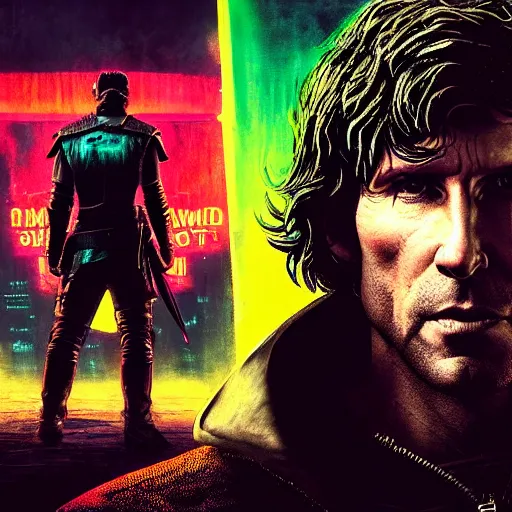 Prompt: todd howard with a switchblade knife, forcing you to buy skyrim, threatening, sharp, cinematic, colorful, digital art, neon, bright, cyberpunk, blade runner 2 0 4 9, realism, bold