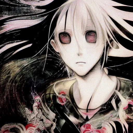 Prompt: Yoshitaka Amano blurred and dreamy illustration of an anime girl with black eyes, wavy white hair and cracks on her face wearing white shirt with black tie, abstract black and white patterns on the background, noisy film grain effect, highly detailed, Renaissance oil painting, weird portrait angle, 1990s aesthetic, jrpg cover art
