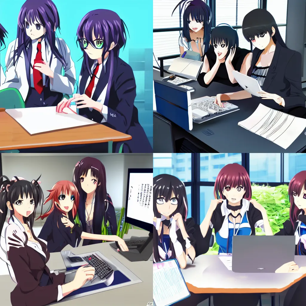 Prompt: Three anime girls on crunch time at their desks creating an anime, trending on pixiv