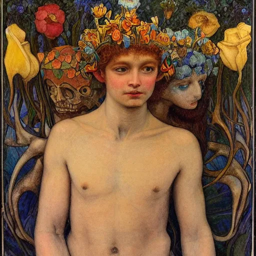 Image similar to the flower prince wearing the bone crown, by Annie Swynnerton and Diego Rivera and Elihu Vedder, symbolist, dramatic lighting, elaborate geometric ornament, Art Brut, soft cool colors,smooth, sharp focus, extremely detailed, Adolf Wölfli and Evelyn De Morgan