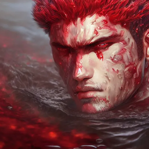 Image similar to portrait of guts from berserk submerged in red water, extremely detailed, made by wlop, maxwell boas, Naranbaatar Ganbold