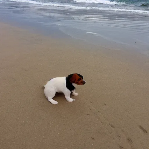 Image similar to a beach with a puppy on it