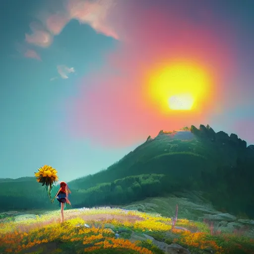 Image similar to giant daisy flower head, girl hiking in the mountains, surreal photography, sunrise, dramatic light, impressionist painting, colorful clouds, digital painting, artstation, simon stalenhag