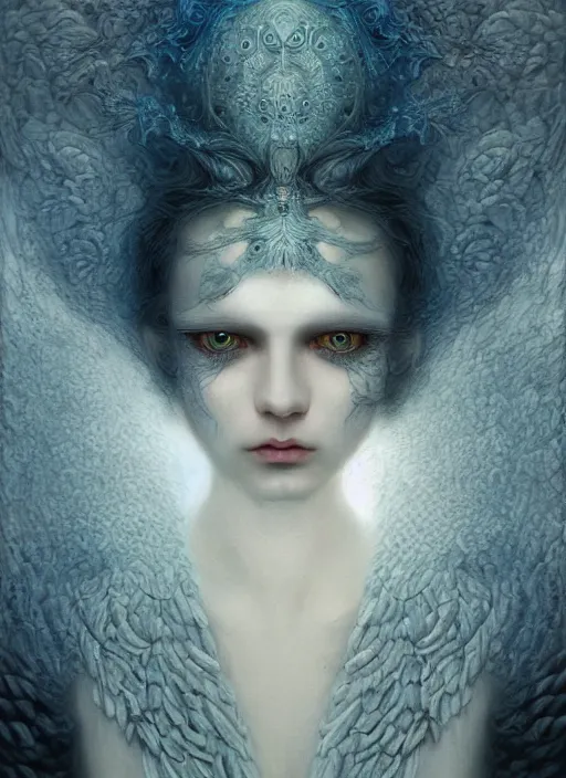 Image similar to Her huge ominous glowing blue eyes staring into my soul , perfect eyes, soft pale white skin, intricate stunning highly detailed, agostino arrivabene, Tomasz strzalkowski, twisted dark lucid dream, 8k portrait render, raven angel wings, swirling thick smoke , beautiful lighting, dark fantasy art, cgsociety