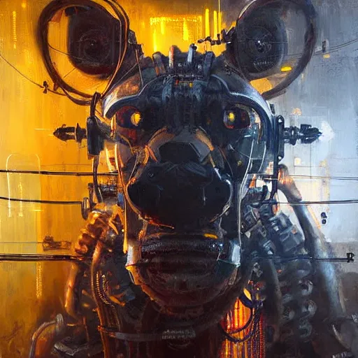 Image similar to robot cyborg hyena, many wires and neon lights exposed, metal and glowing eyes, highly detailed painting by jeremy mann