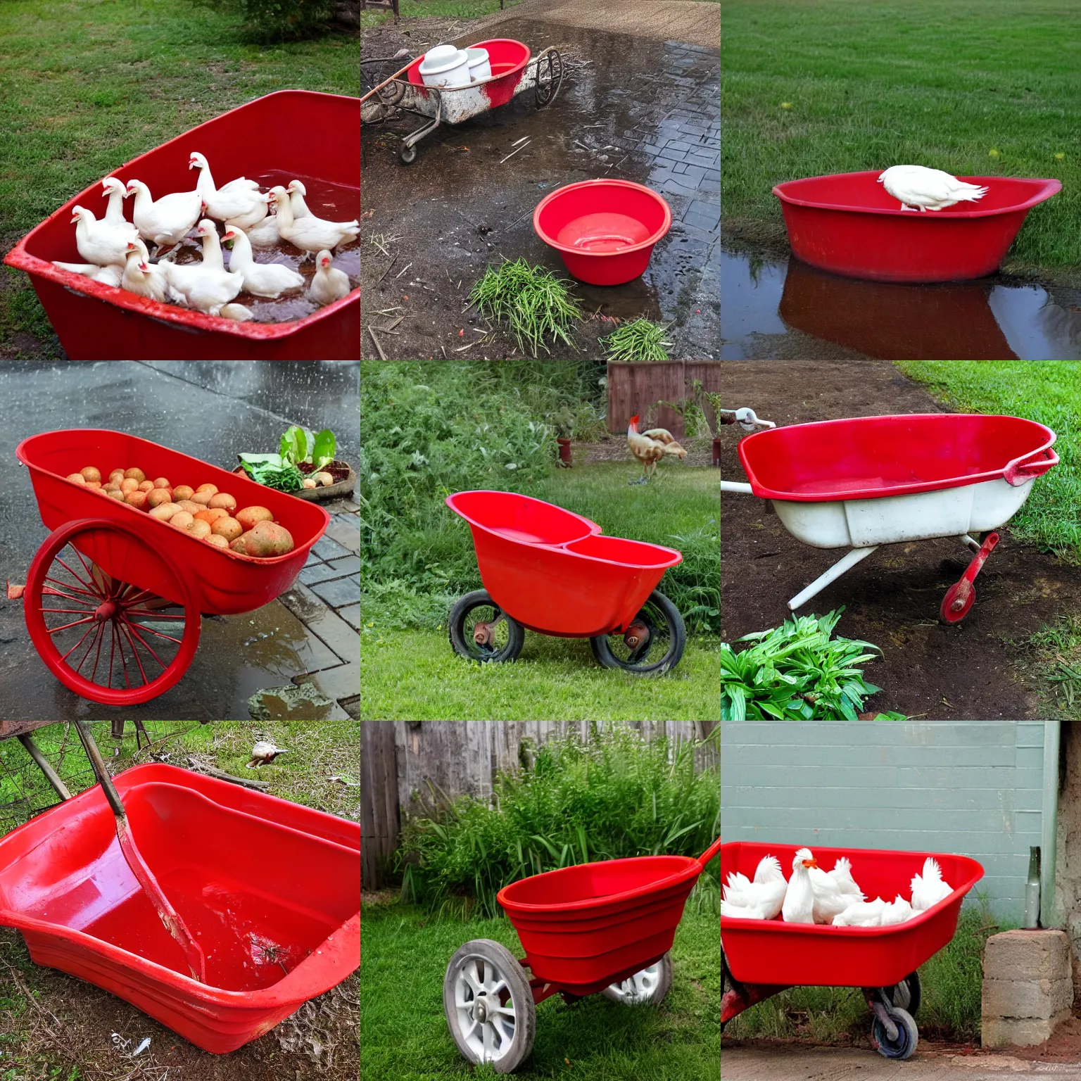 Prompt: so much depends upon a red wheel barrow glazed with rain water beside the white chickens