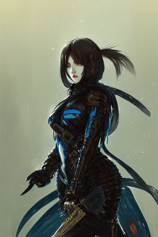 Image similar to portrait Ninja gaiden girl, armored black and blue ninja wardrobe, in ruin japanese rainny temple night, ssci-fi and fantasy, intricate and very very beautiful and elegant, highly detailed, digital painting, artstation, concept art, smooth and sharp focus, illustration, art by tian zi and WLOP and alphonse mucha