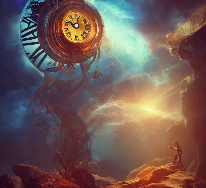 Image similar to the master of time controlling the flow of time by using his magical clock artifact, cinematic composition, epic colors, detailed, warm lighting, volumetric, beautiful, trending on artstation, art claudiu - antoniu magherusan