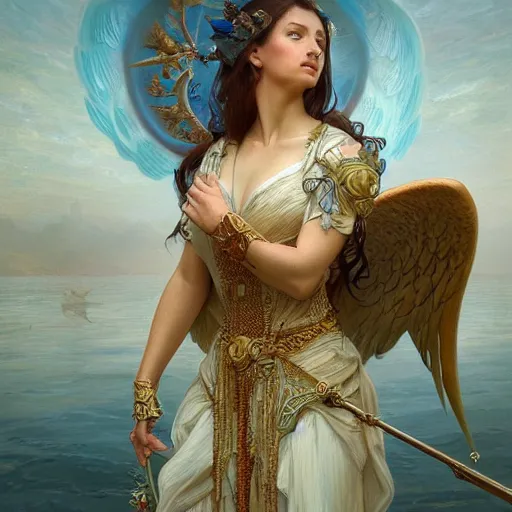 Prompt: portrait of the angel of fishery (fishery angle, an angel as representation of fishery), D&D, fantasy, intricate, elegant, highly detailed, digital painting, artstation, concept art, smooth, sharp focus, illustration, art by artgerm and greg rutkowski and alphonse mucha