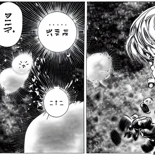 Image similar to Serious Sneeze destroys the sun, single manga panel, black and white ink, by Yusuke Murata. Award-winning manga.