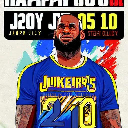 Prompt: happy lebron james, gta v cover art, cars in the background, art by stephen bliss