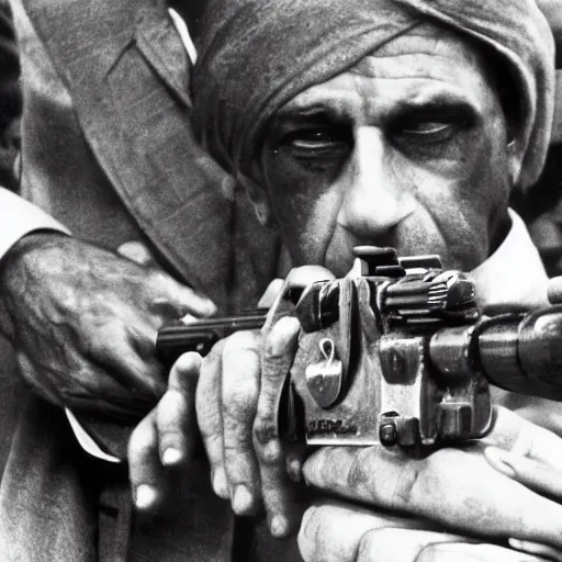 Prompt: historical footage of Patrick Balkany with a machine gun, by Sebastião Salgado, 35mm noisy