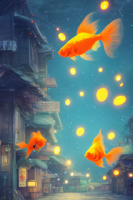 Prompt: fantasy art of glowing goldfish swimming in the air, in the streets of a japanese town at night, with children watching from windows in wonder, in the style of studio ghibli and makoto shinkai, highly detailed digital art, trending on artstation