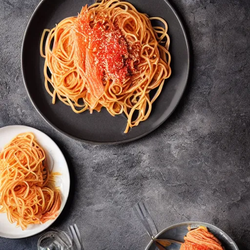 Prompt: spaghetti topped with a blend of smoked salmon and turkey, 8 k resolution, food photography, studio lighting, sharp focus, hyper - detailed
