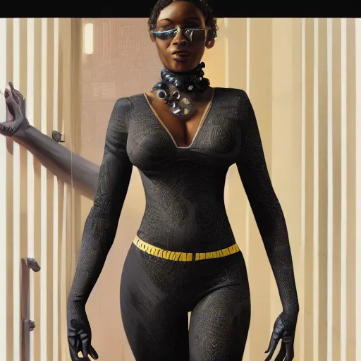 Image similar to highly detailed an african american woman in with the black panter random suit from the future gta v, stephen bliss, unreal engine, fantasy art by greg rutkowski, loish, rhads, ferdinand knab, makoto shinkai and lois van baarle, ilya kuvshinov, rossdraws, tom bagshaw, global illumination, radiant light, detailed and intricate environment