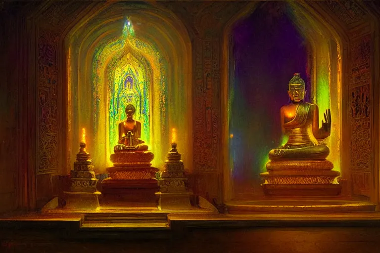 Image similar to mausoleum, buddhism, neon light, painting by gaston bussiere, greg rutkowski