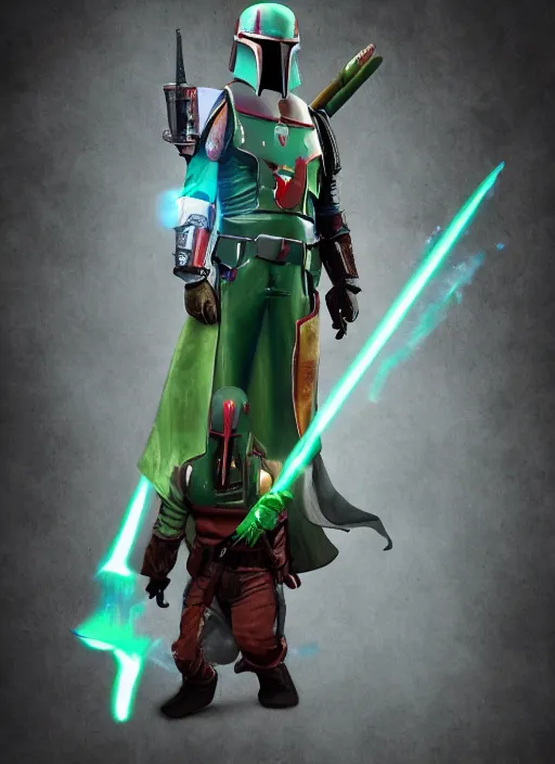 Prompt: arcane wizard x boba fett, fantasy inspired boba fett as a wizard, 3 d digital art, character mashup, epic volumetric lighting, combination art, photorealistic