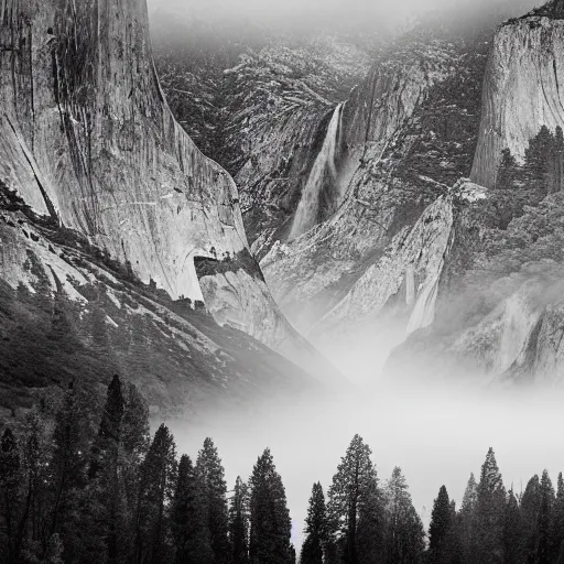 Image similar to black-and-white landscape photograph of Yosemite National, covered in mist, Park by Ansel Adams width 1024