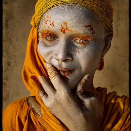 Image similar to realistic expired fuji film portrait of happy albino india hijra woman mix, marigold celestial vibe, hyperrealism, hypermaxiymalism, photorealistic, detailed, atmospheric, 8 k, award winning photography, cinematic