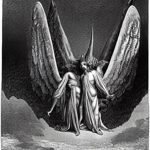 Prompt: a massive winged demon towering over a small man, highly detailed, high contrast, in the style of Gustave Dore