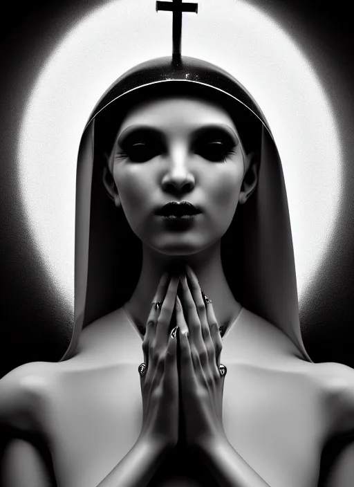 Image similar to surreal mythical dreamy dark artistic black and white fine art fashion portrait photo of a young beautiful delicate female robot - nun praying, spiritual, halo, glory, rim light, cinematic, studio dramatic light, poetic, masterpiece, octane render, 8 k, photo - realistic by gustave dore william black