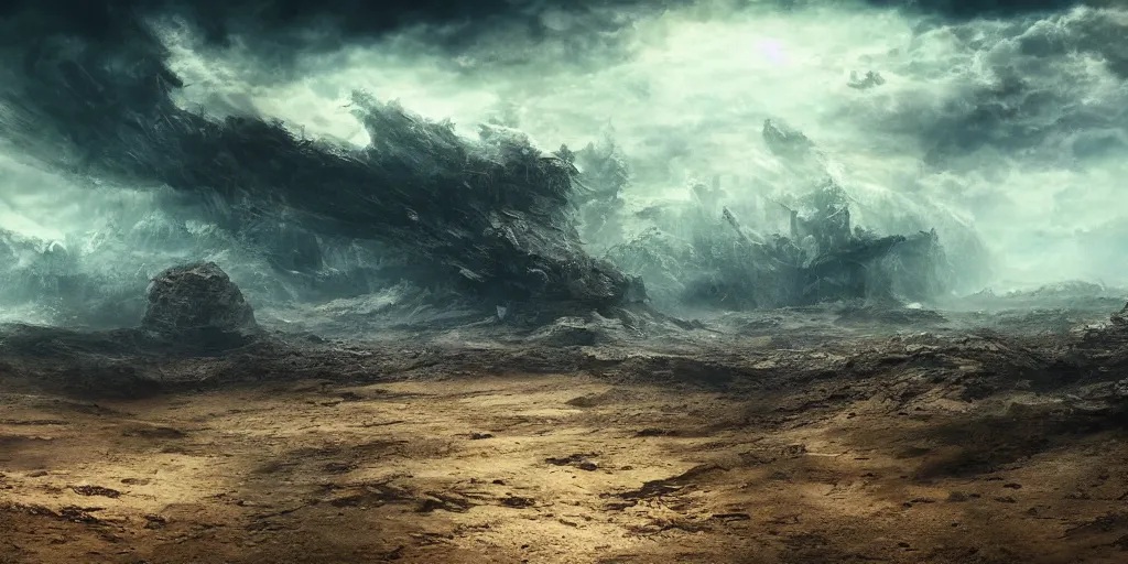 Image similar to barren landscape, apocalyptic fantasy, mmo, digital art, 4 k