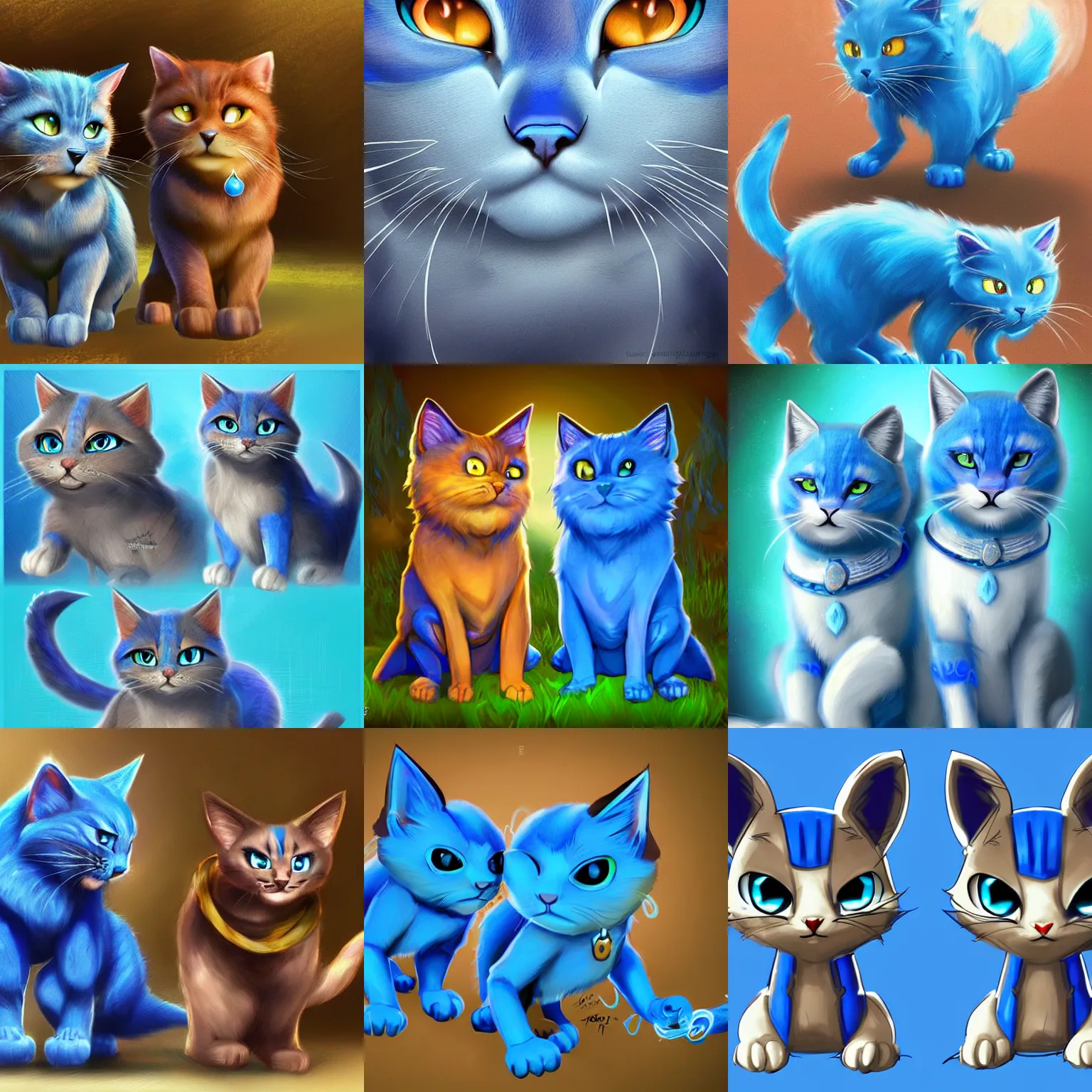 Prompt: cute video game concept art of a pair of blue cats, highly detailed digital art