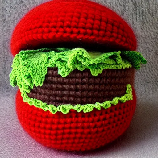 Image similar to realistic photo of a big mac crocheted out of wool, digital art