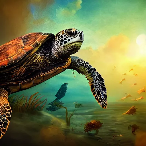 Image similar to zombified sea turtle, beautiful composition, wide angle, colorful, cinematic, volumetric lighting, intricate details painting