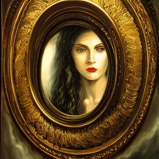 Image similar to spellbinding witch spectacular beauty, ghastly reflection in the mirror, intricate detail, fineline detail painting of portrait, intense sense of awe, 8k high octane rendering, golden ratio