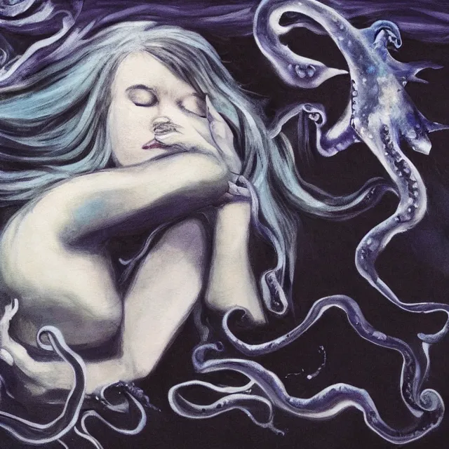 Image similar to a female art student falling asleep, misty, iceberg, black paint, dark, sensual, dreamy, waves, swirls, blue drips, fish, blueberries, octopus, neo - impressionist, surrealism