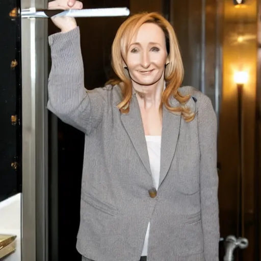 Image similar to mischievous jk rowling walking into men's bathroom