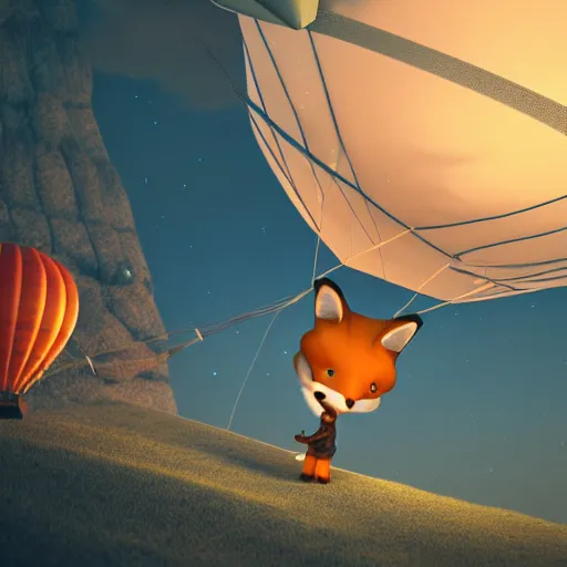 Prompt: anthropomorphic fluffy fox flys on the hot air balloon at night, clouds around, unreal engine, octane render, dramatic lighting, digital art, ,