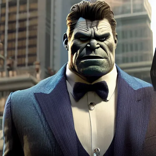 Image similar to a promotional screenshot of Joe Fixit Grey Hulk wearing a pinstripe suit and fedora appearing in Avengers: Infinity War