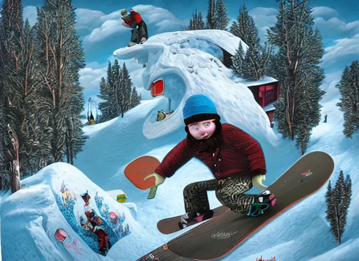 Prompt: snowboarding into another dimension, lowbrow, matte painting, 3 - d highly detailed, in the style of mark ryden,