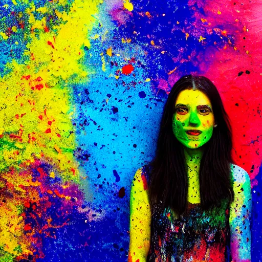 Prompt: beautiful scottish dark haired woman, pale skin, splattered with coloured paint, 4 k, zoomed