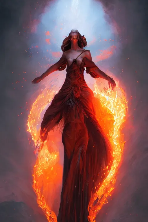 Image similar to fantasy character art by laura zalenga and alexander holllow frdosav, eldritch volcanic fire goddess clothed in a flaming gown, volcanic embers, magma, detailed matte fantasy portrait, dynamic lighting, by greg rutkowski, by peter mohrbacher, by brom, hyperrealism, detailed face, 8 k dop dof hdr