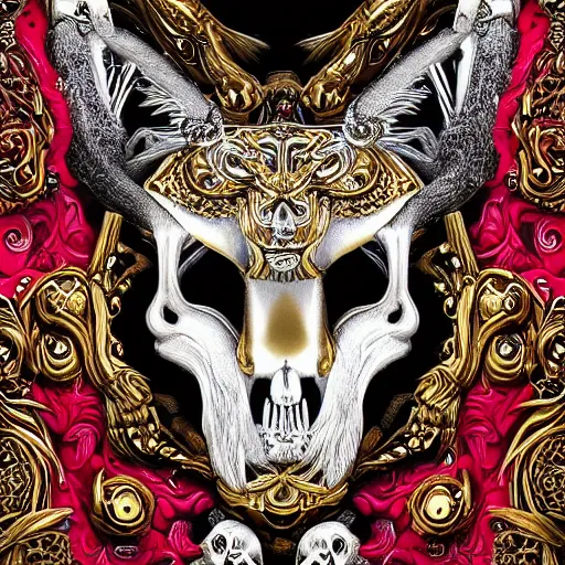 Image similar to photo portrait portrait of femine puma with skull pendant, wolf skull pedant, golden fur, symmetric, intricate skeletal decorations on ornate silks, symmetry, highly detailed, concept art, ornaments, black, red, white, gold layers, super moon, style of nekroxiii, hyperrealistic