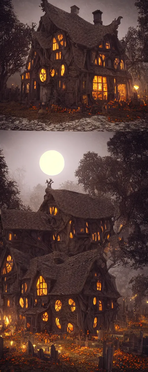 Image similar to a highly detailed old english tudor cottage in a scary pumpkin patch and graveyard, volumetric, fall colors, night, dead tree forest, pumpkins, moon, photorealistic, insanely detailed and intricate, epic scene, volumetric haze, hyper realistic, elegant, ornate, elite, horror, creepy, ominous, haunting, cinematic lighting, unreal engine, symmetrical, cinematic centered camera, high detail