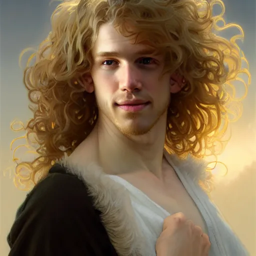 Prompt: A pregnant pale blond young man with closed eyes smiling, very detailed face, long fluffy curly blond hair, light blond hair, gorgeous, beautiful, intricate, highly detailed, digital painting, artstation, concept art, sharp focus, illustration, art by greg rutkowski and alphonse mucha