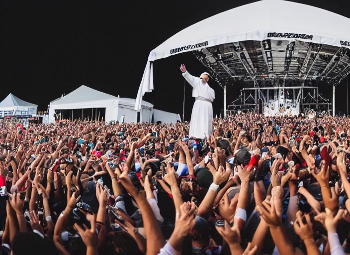 Image similar to photo still of pope francis on stage at the vans warped tour!!!!!!!! at age 3 6 years old 3 6 years of age!!!!!!!! stage diving into the crowd, 8 k, 8 5 mm f 1. 8, studio lighting, rim light, right side key light