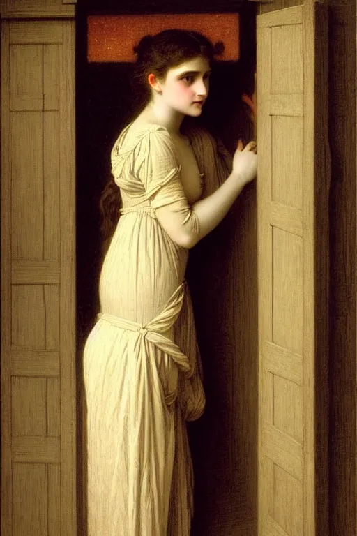 Image similar to girl leaning in doorway under moonlight by auguste toulmouche and bouguereau, dark lighting, perfectly detailed eyes, beautiful hands, pale skin, blonde hair, dreamy mood