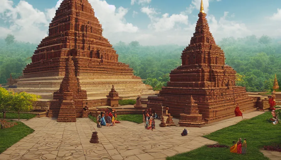 Image similar to matte painting of a beautiful mon - dvaravati village buddhist temple and stupa made by brick, crowded village, digital art, trending on artstation