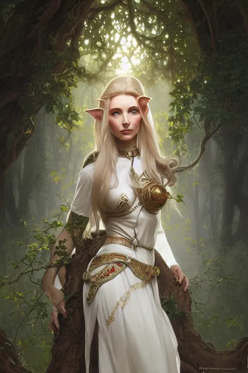 Prompt: painting of a female elf in front of a white oak, decorated, intricate, elegant, highly detailed, digital painting, artstation, concept art, smooth, sharp focus, illustration, art by artgerm and greg rutkowski and alphonse mucha, 8 k