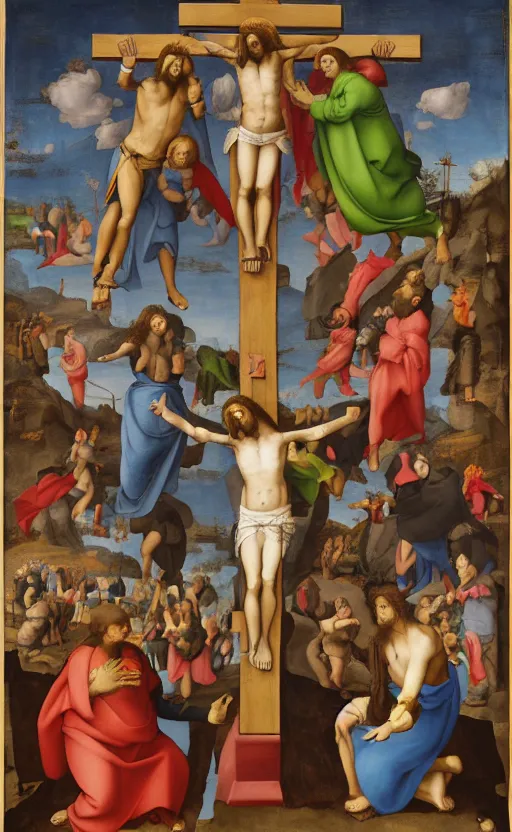 Prompt: mond crucifixion by raphael with mario and luigi