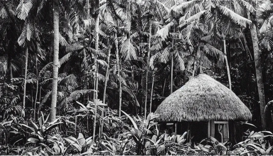 Image similar to lost film footage of a sacred object in the middle of the tropical jungle / film still / cinematic / enhanced / 1 9 2 0 s / black and white / grain